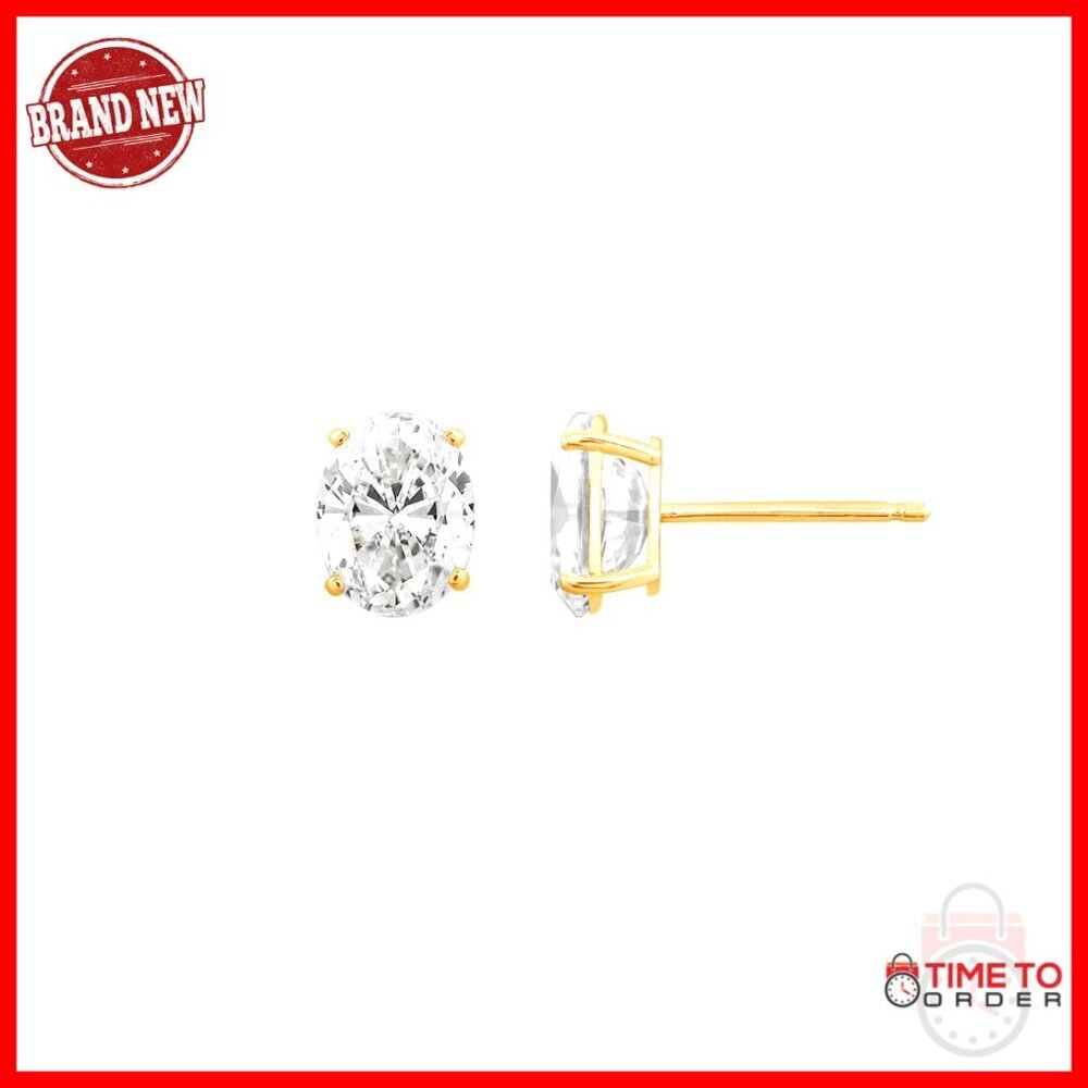Solid Gold Stud Earrings Oval Cut Cubic Zirconia Women's Jewelry